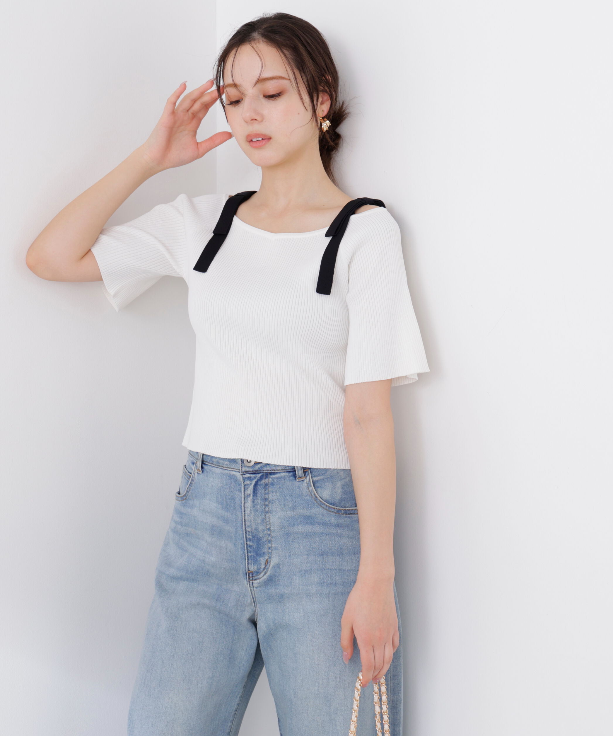 PROPORTION BODY DRESSING「＜ウォッシャブル/UV＞肩リボンオフショルニット　26SS」|ニット・セーター|