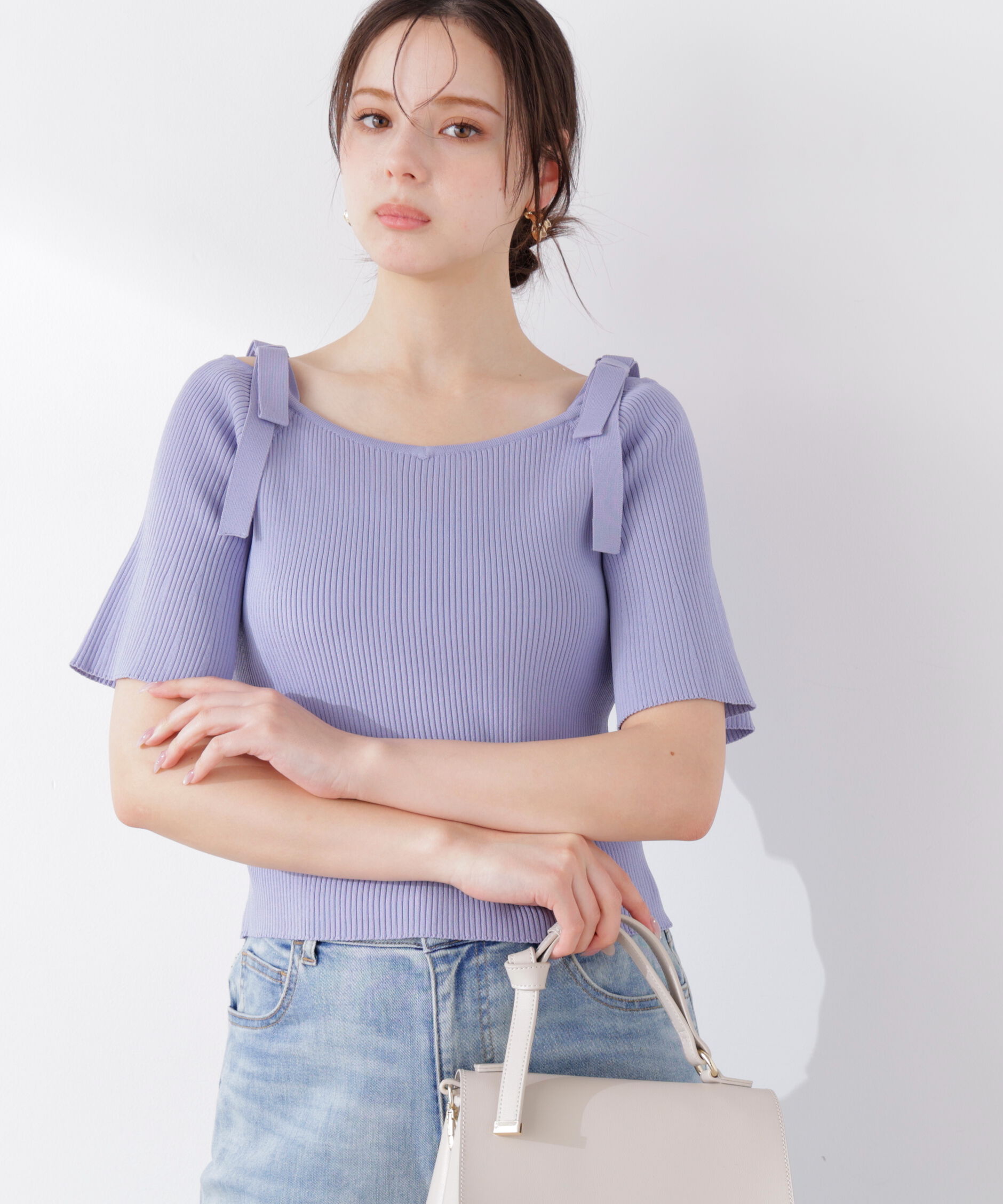 PROPORTION BODY DRESSING「＜ウォッシャブル/UV＞肩リボンオフショルニット　26SS」|ニット・セーター|