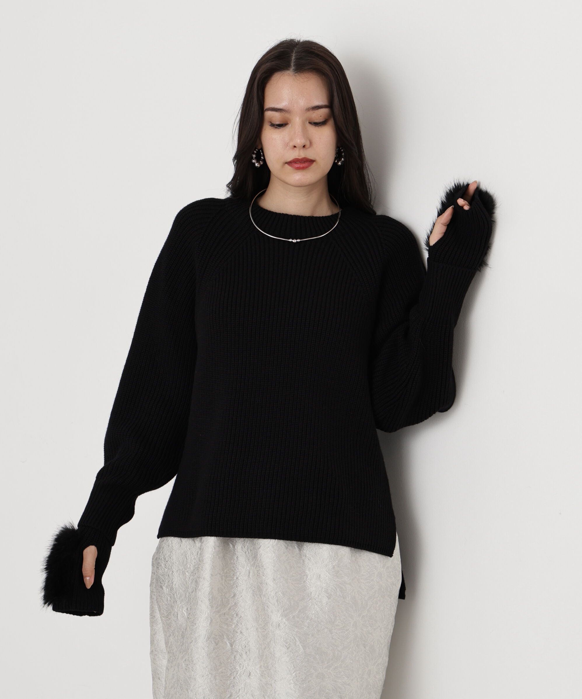  「◆ファーグローブ付き畦ニットプルオーバー」|ニット・セーター|