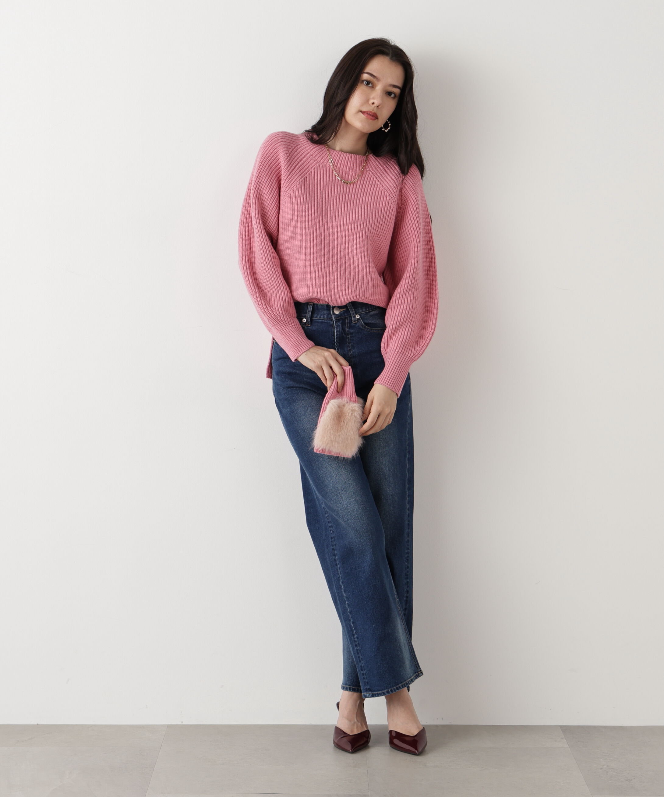  「◆ファーグローブ付き畦ニットプルオーバー」|ニット・セーター|