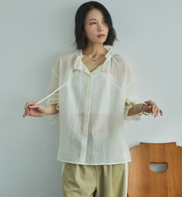 Doux archives「シアーストライプスタンドフリルブラウス」|シャツ・ブラウス|