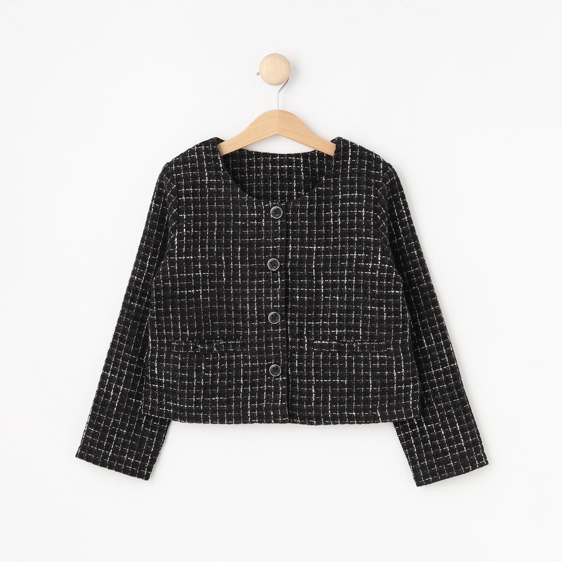 SHOO･LA･RUE「【100-140cm/プチセレ】ツイードジャケット」|ノーカラージャケット|ブラック(019)