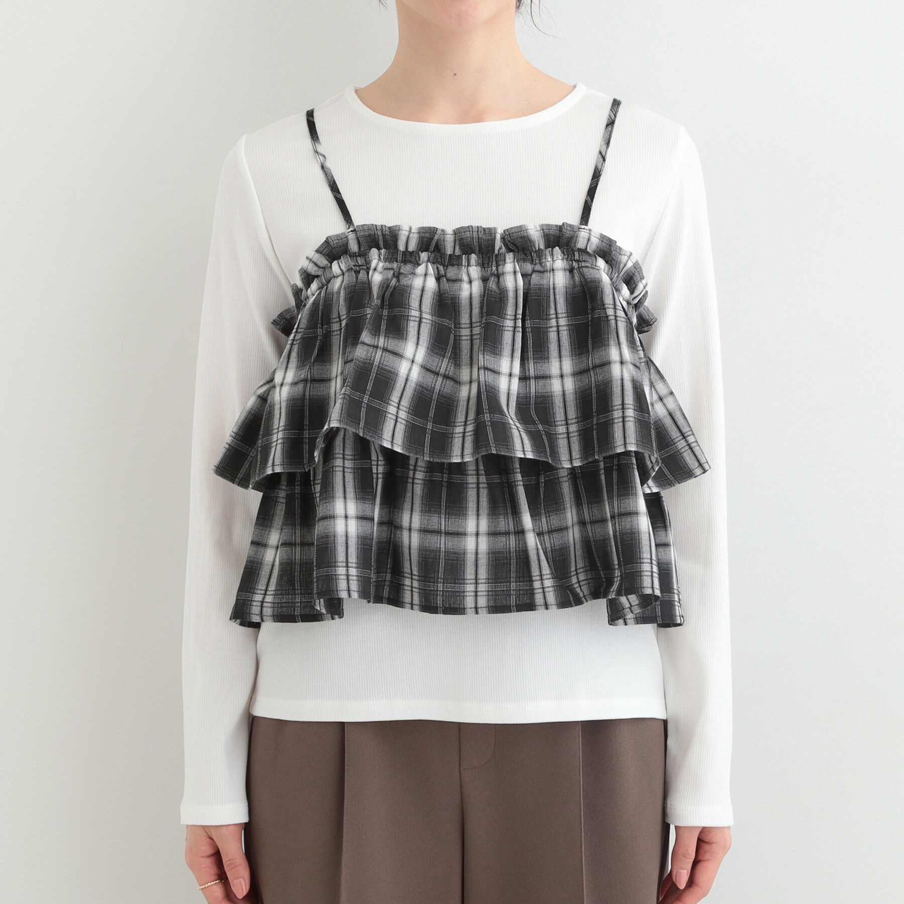 SHOO･LA･RUE「【2点セット】チェック柄フリルキャミビスチェ&times;テレコロンT」|Tシャツ・カットソー|