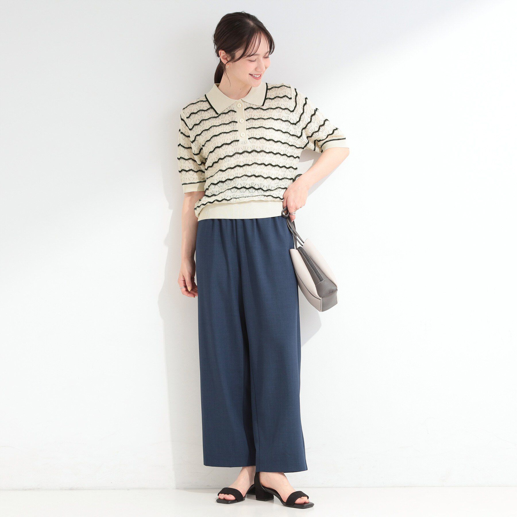 SHOO･LA･RUE「【S-LL/洗濯機可】ニュアンスボーダー シアーニットポロ」|ニット・セーター|