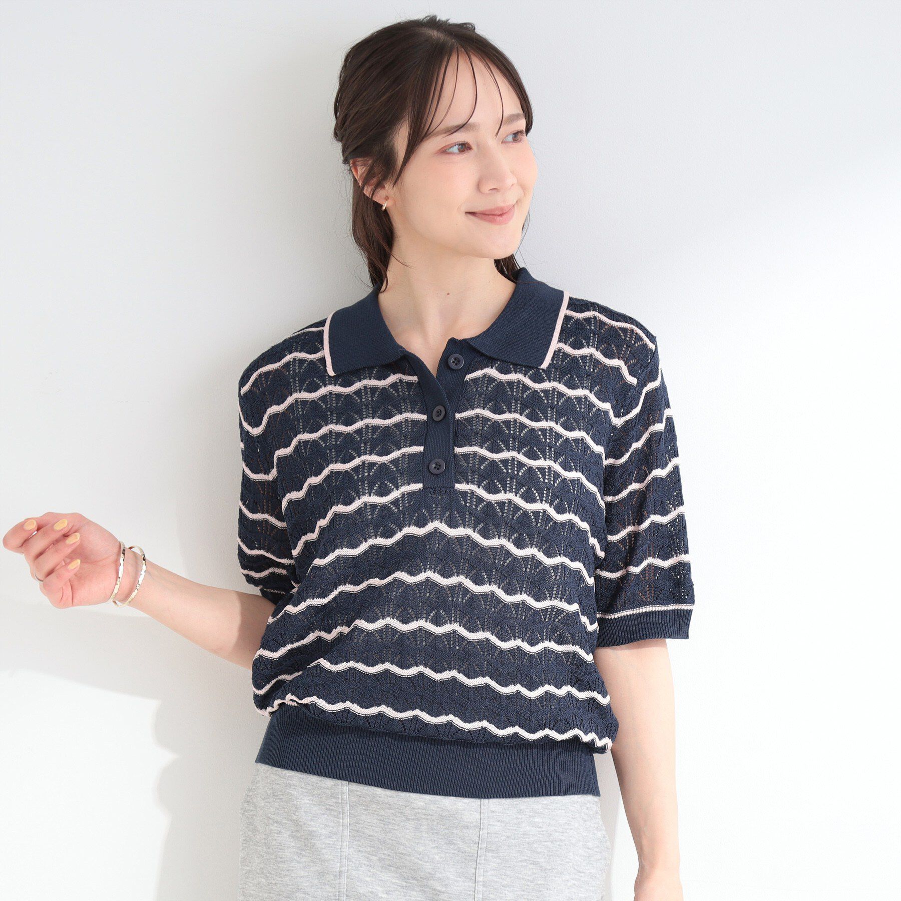 SHOO･LA･RUE「【S-LL/洗濯機可】ニュアンスボーダー シアーニットポロ」|ニット・セーター|