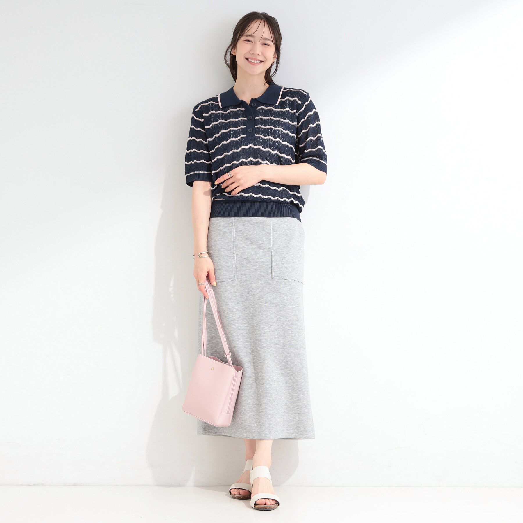 SHOO･LA･RUE「【S-LL/洗濯機可】ニュアンスボーダー シアーニットポロ」|ニット・セーター|