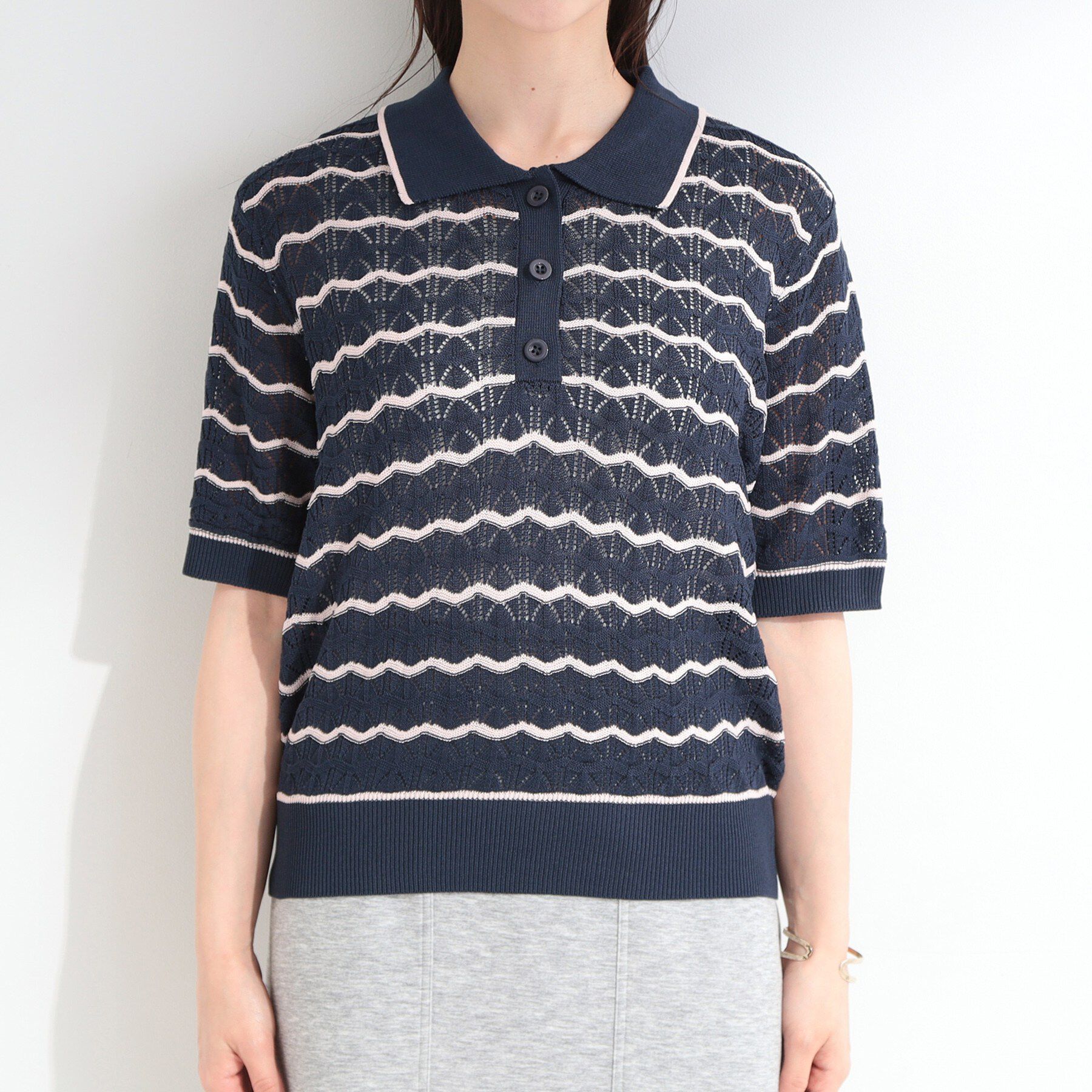 SHOO･LA･RUE「【S-LL/洗濯機可】ニュアンスボーダー シアーニットポロ」|ニット・セーター|
