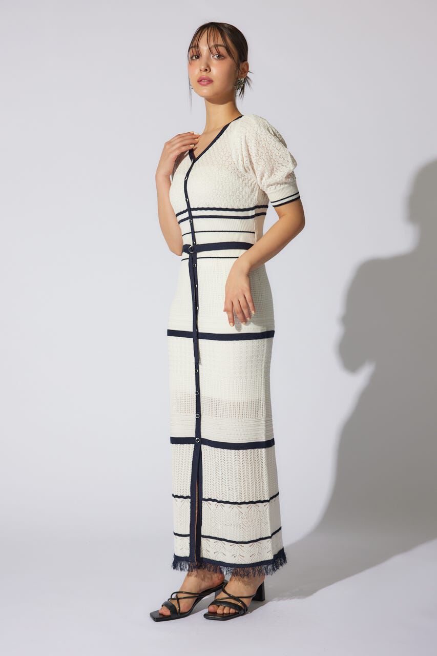 rienda「2WAYフリンジライン配色クロシェニットワンピース」|ワンピース|