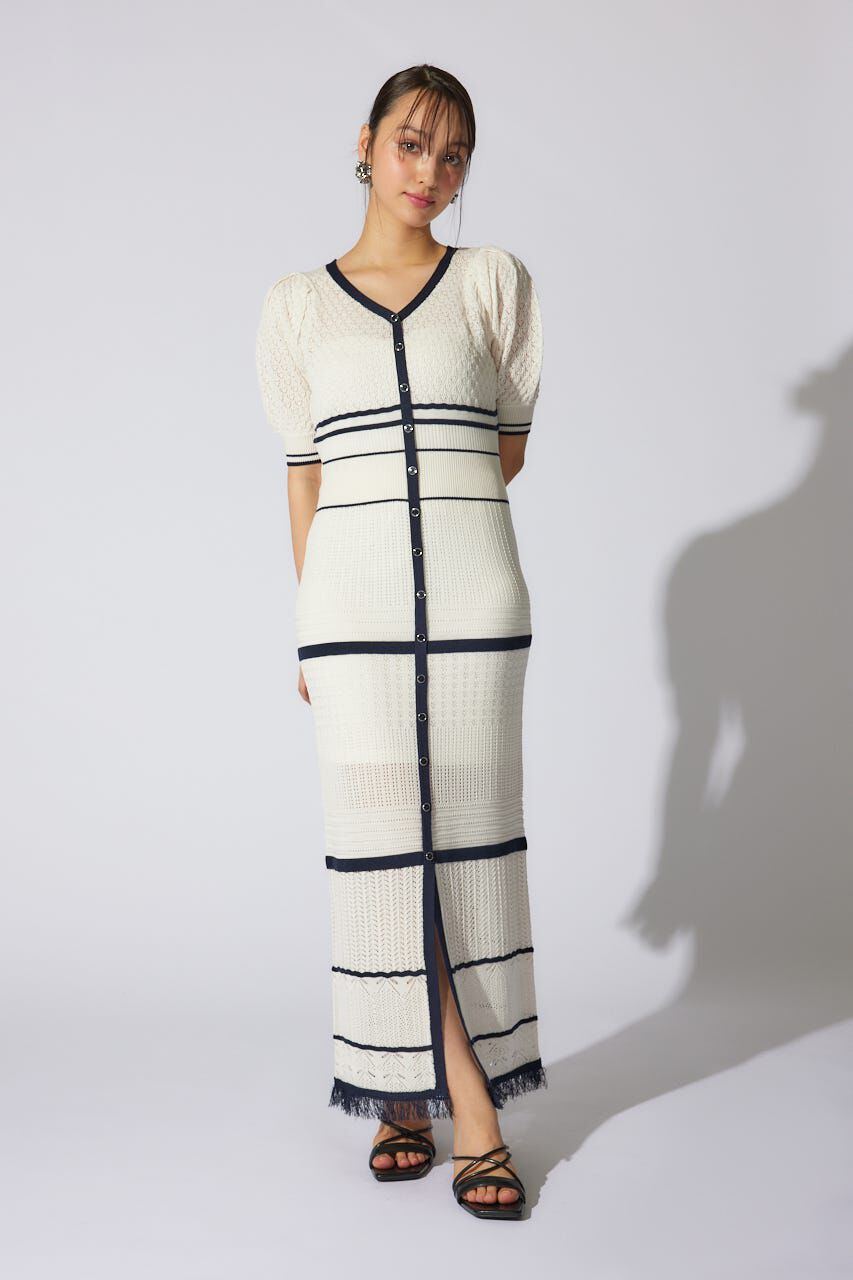 rienda「2WAYフリンジライン配色クロシェニットワンピース」|ワンピース|