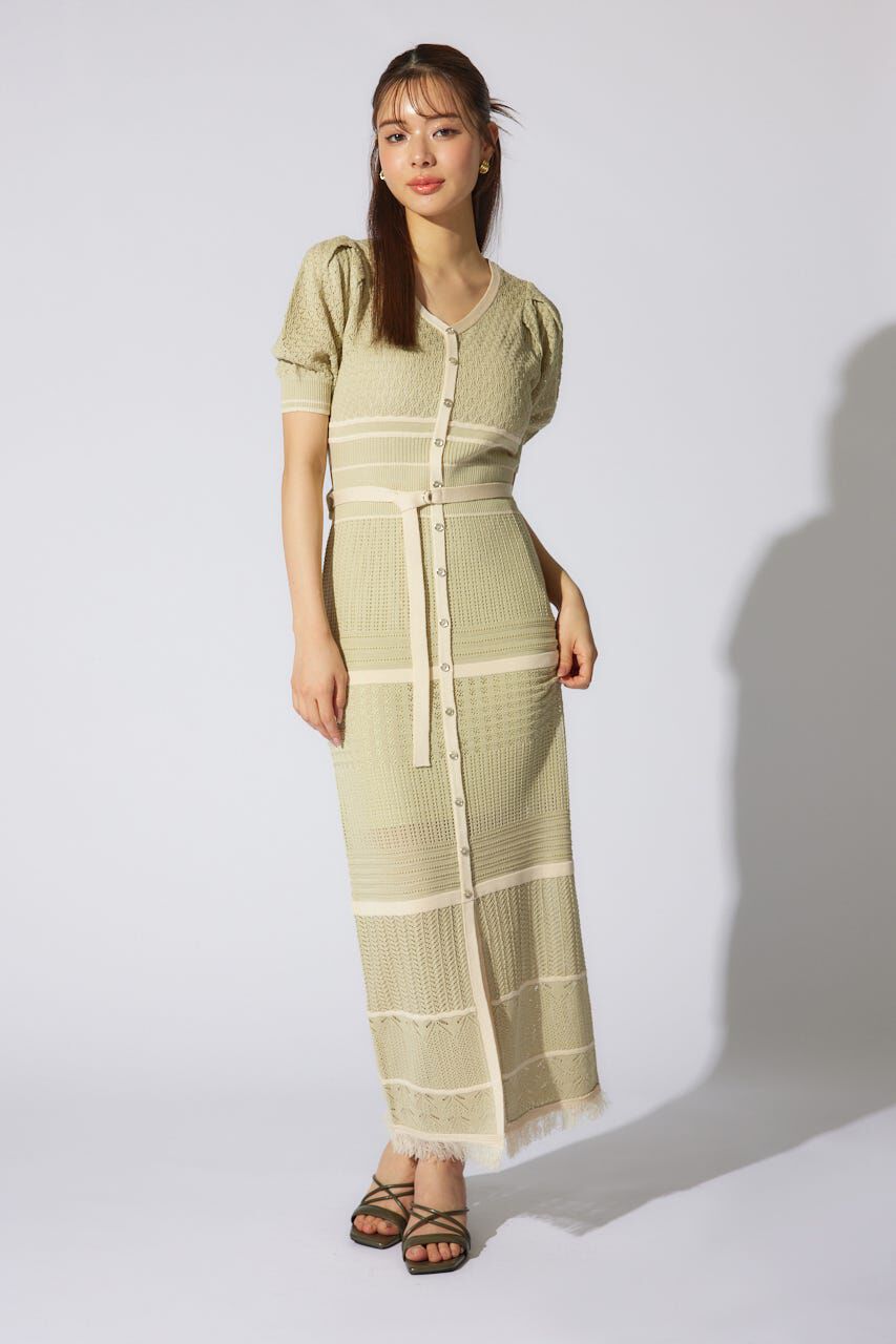 rienda「2WAYフリンジライン配色クロシェニットワンピース」|ワンピース|L/GRN1