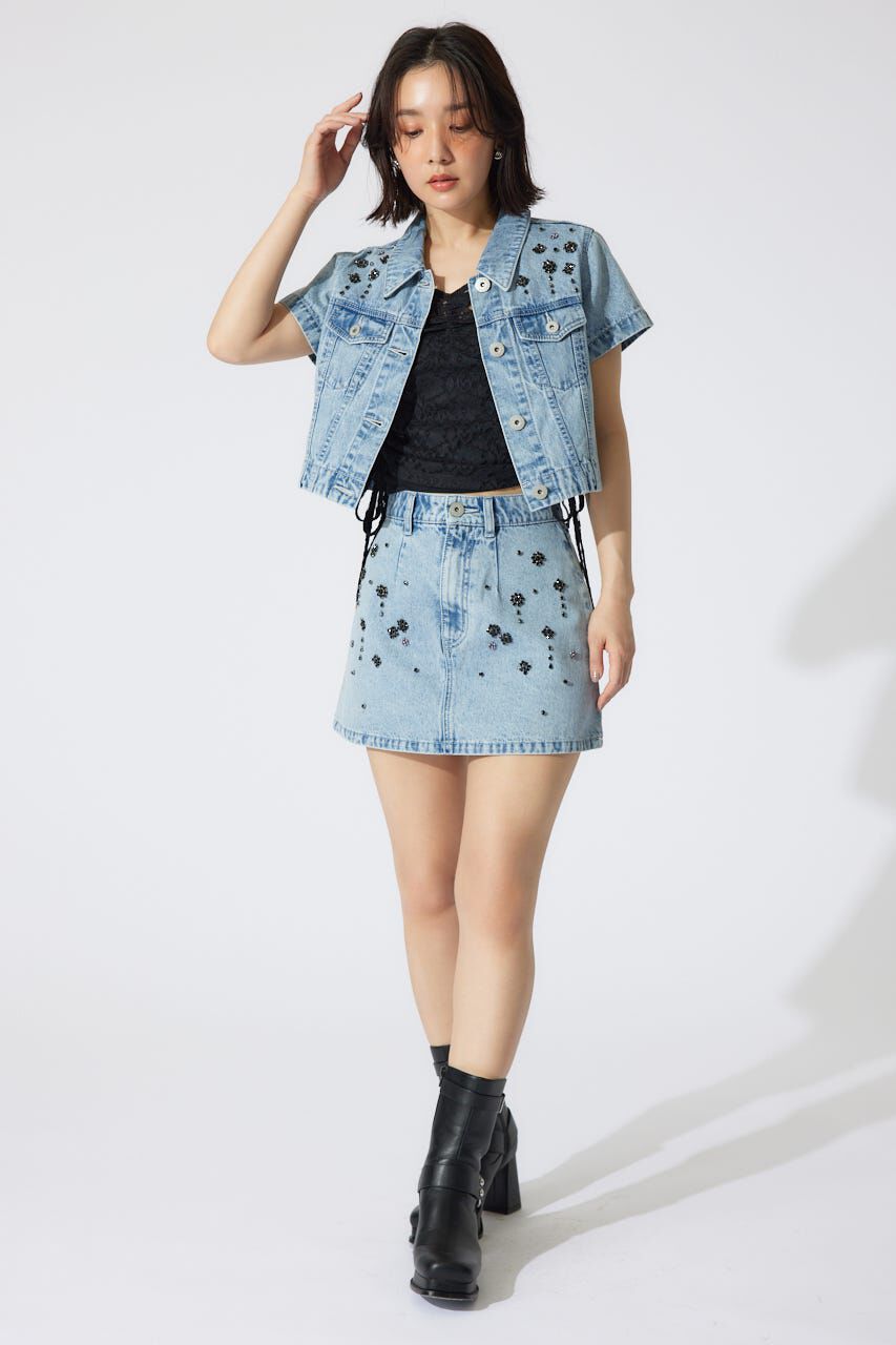 rienda「ミックスフラワービジューショートジャケット」|デニムジャケット|