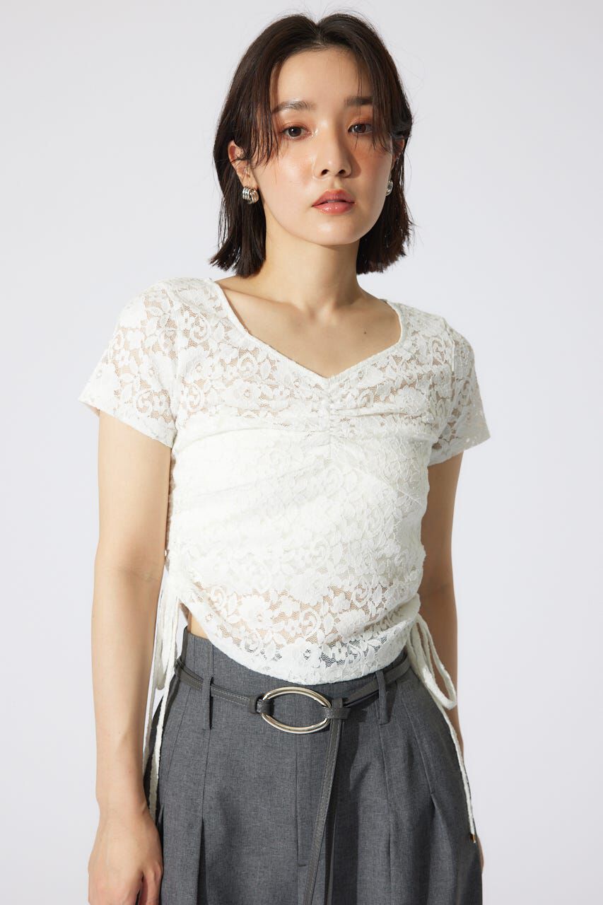 rienda「バストギャザーデザインレースカットトップス」|Tシャツ・カットソー|WHT