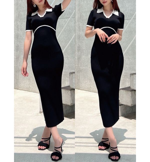 RESEXXY「バイカラーニットポロワンピース」|ワンピース|ブラック