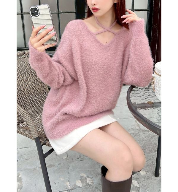 RESEXXY「【ZOZO限定】クロスリボンニットトップス」|ニット・セーター|ピンク