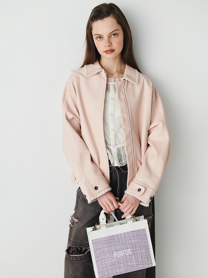 FURFUR「トリミング刺繍レザーライクブルゾン」|ブルゾン・スタジャン|
