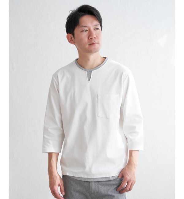 ikka「【接触冷感／抗菌防臭】GOKU楽セイケツ7分袖キーネックTシャツ」|Tシャツ・カットソー|