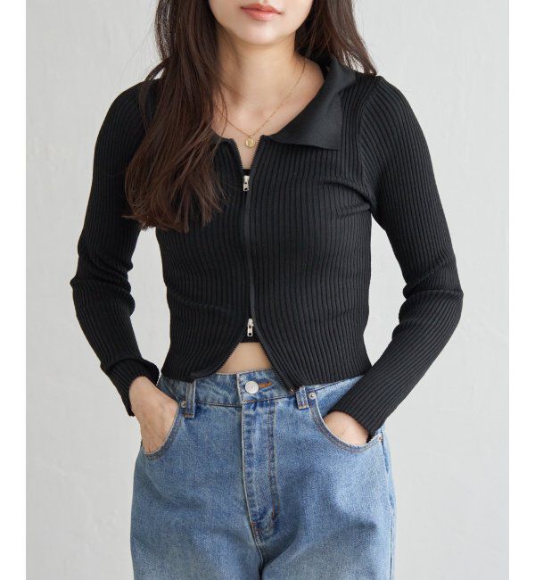 VENCE share style「ダブルジップショートリブニット」|ニット・セーター|