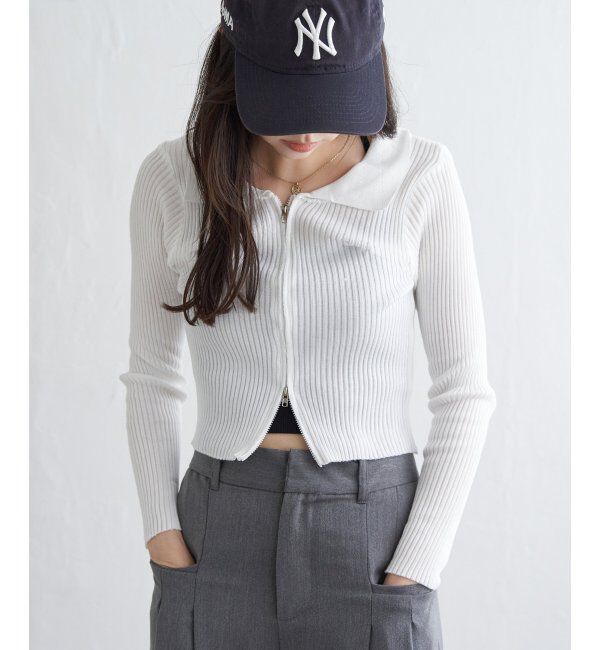 VENCE share style「ダブルジップショートリブニット」|ニット・セーター|
