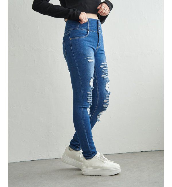 VENCE share style「ハイウエストダメージスキニーデニム」|デニム|