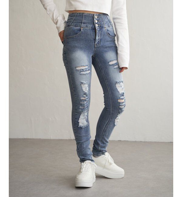 VENCE share style「ハイウエストダメージスキニーデニム」|デニム|