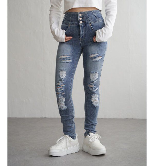 VENCE share style「ハイウエストダメージスキニーデニム」|デニム|