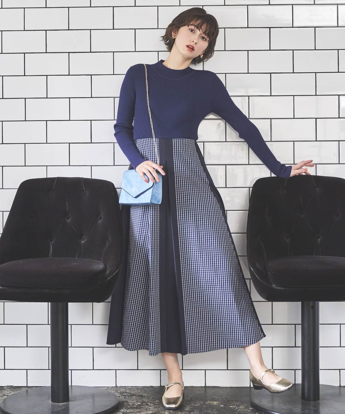 アンドクチュール「チェックドッキング配色ワンピース」|ワンピース|