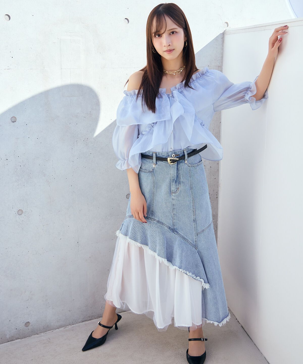 アンドクチュール「チュール切替デニムスカート」|スカート|ブルー