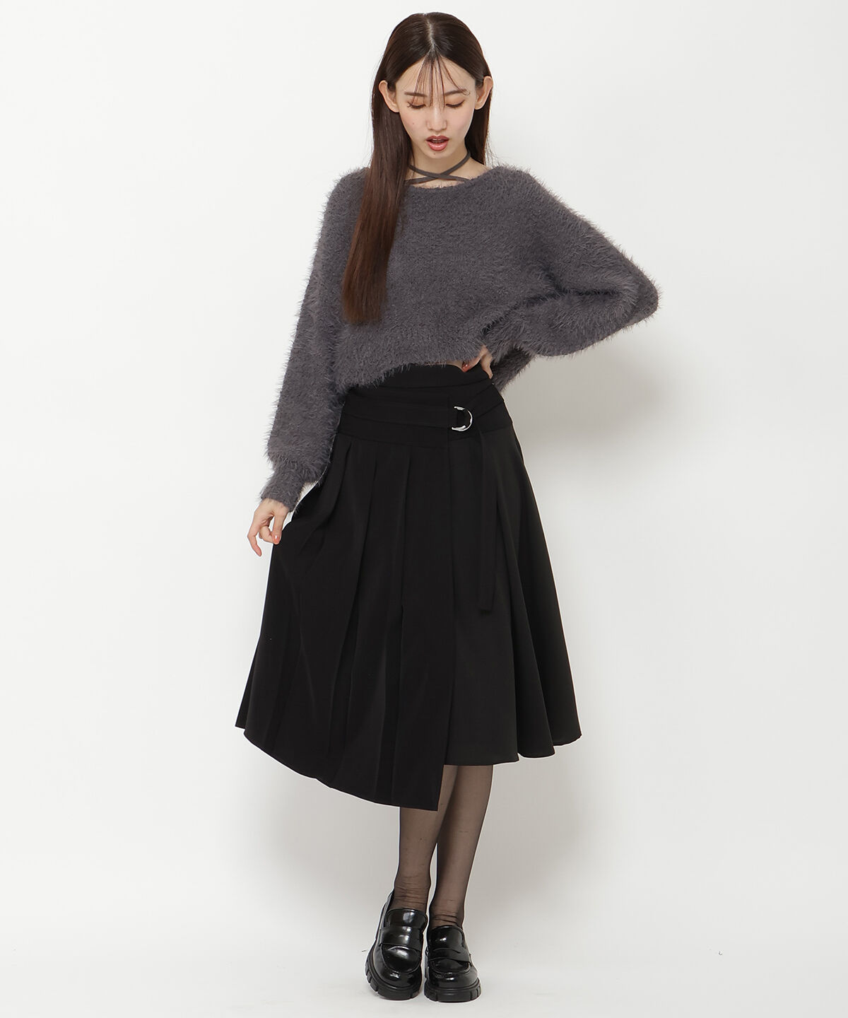 REDYAZEL「コンビネーションアシメプリーツスカート」|フレア|ブラック