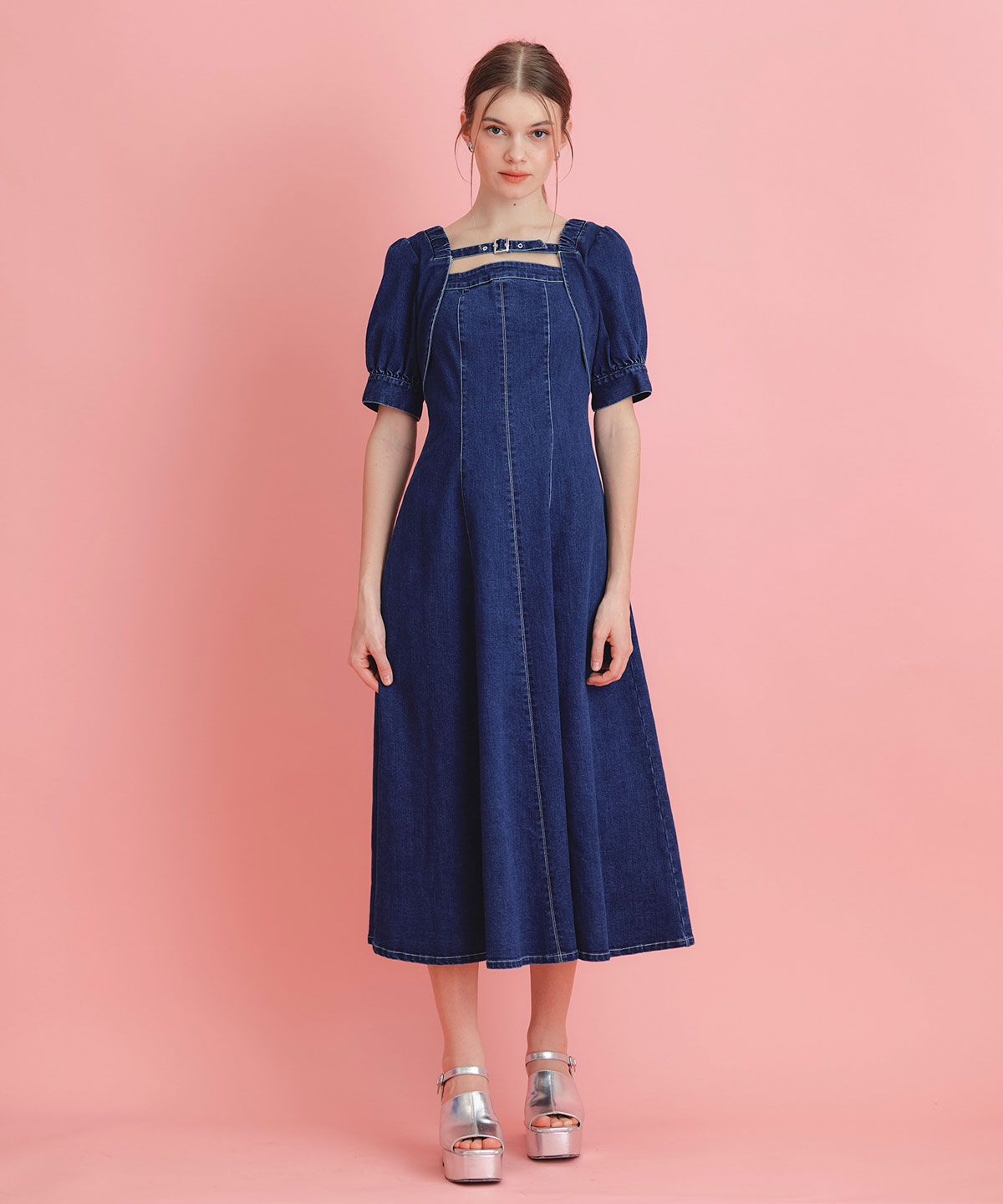 REDYAZEL「デコルテベルトデニムフレアロングワンピース」|ワンピース|