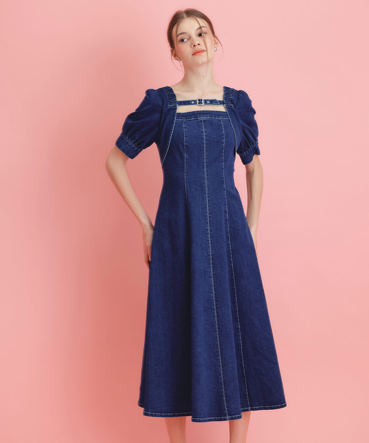 REDYAZEL「デコルテベルトデニムフレアロングワンピース」|ワンピース|