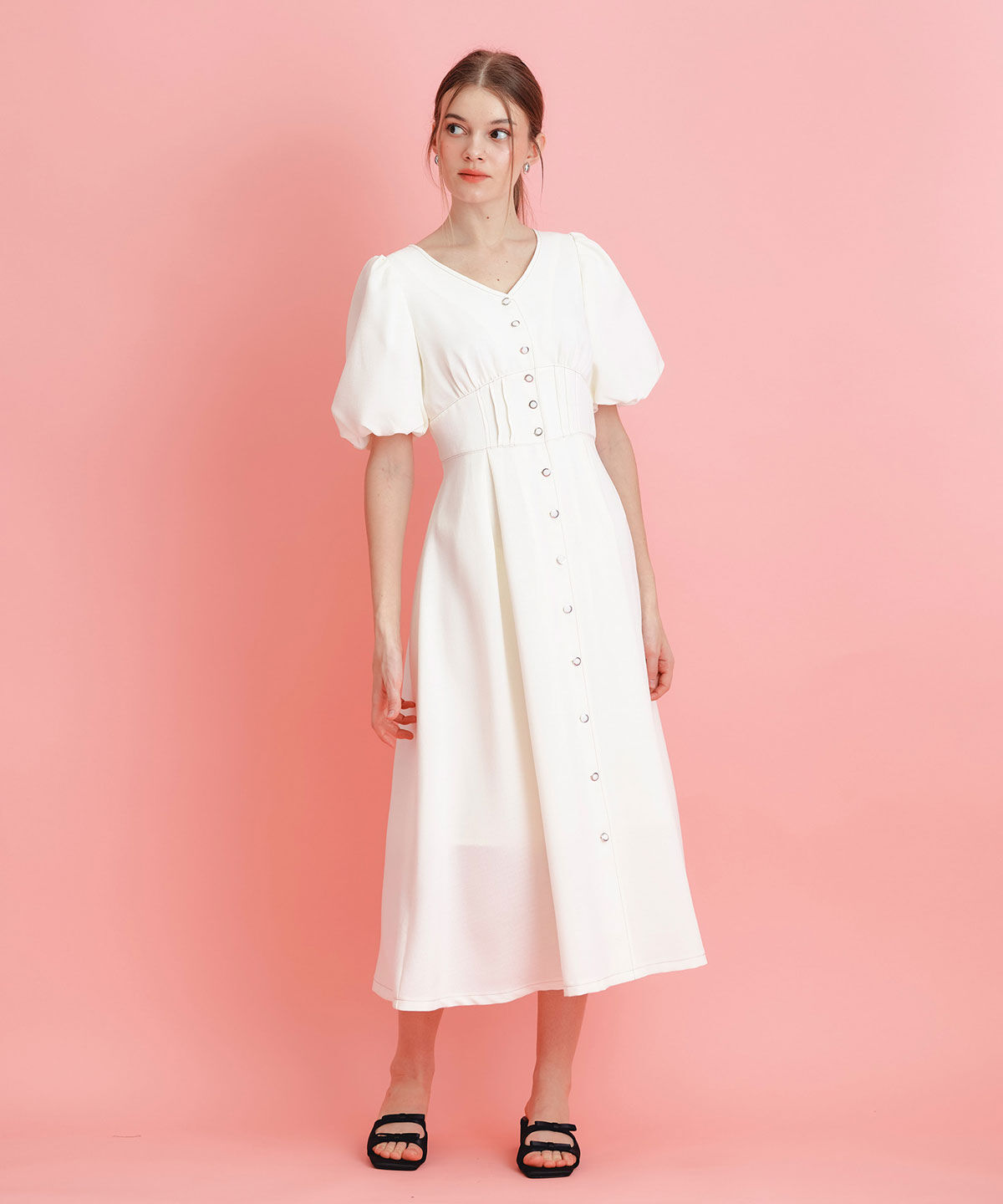 REDYAZEL「コルセットバルーンスリーブフレアロングワンピース」|ワンピース|