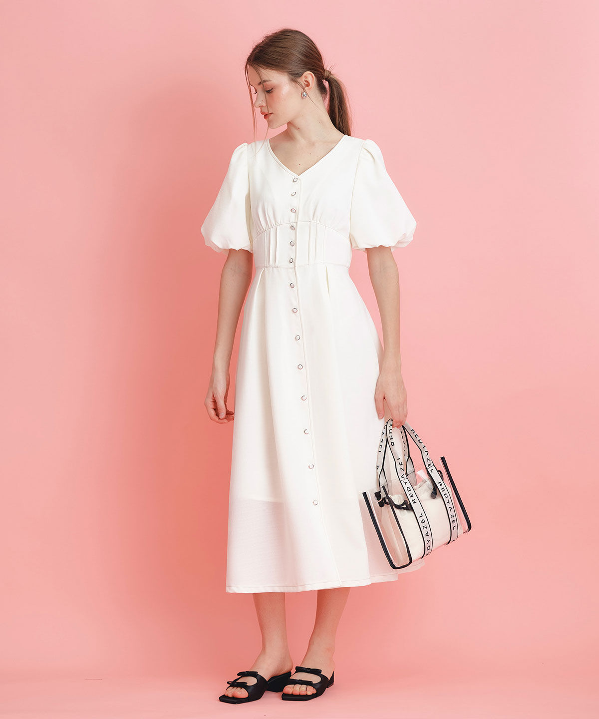 REDYAZEL「コルセットバルーンスリーブフレアロングワンピース」|ワンピース|