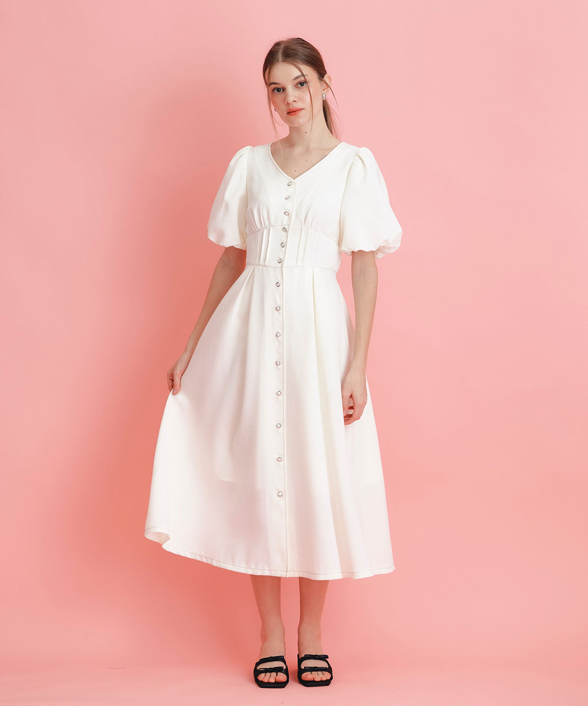 REDYAZEL「コルセットバルーンスリーブフレアロングワンピース」|ワンピース|