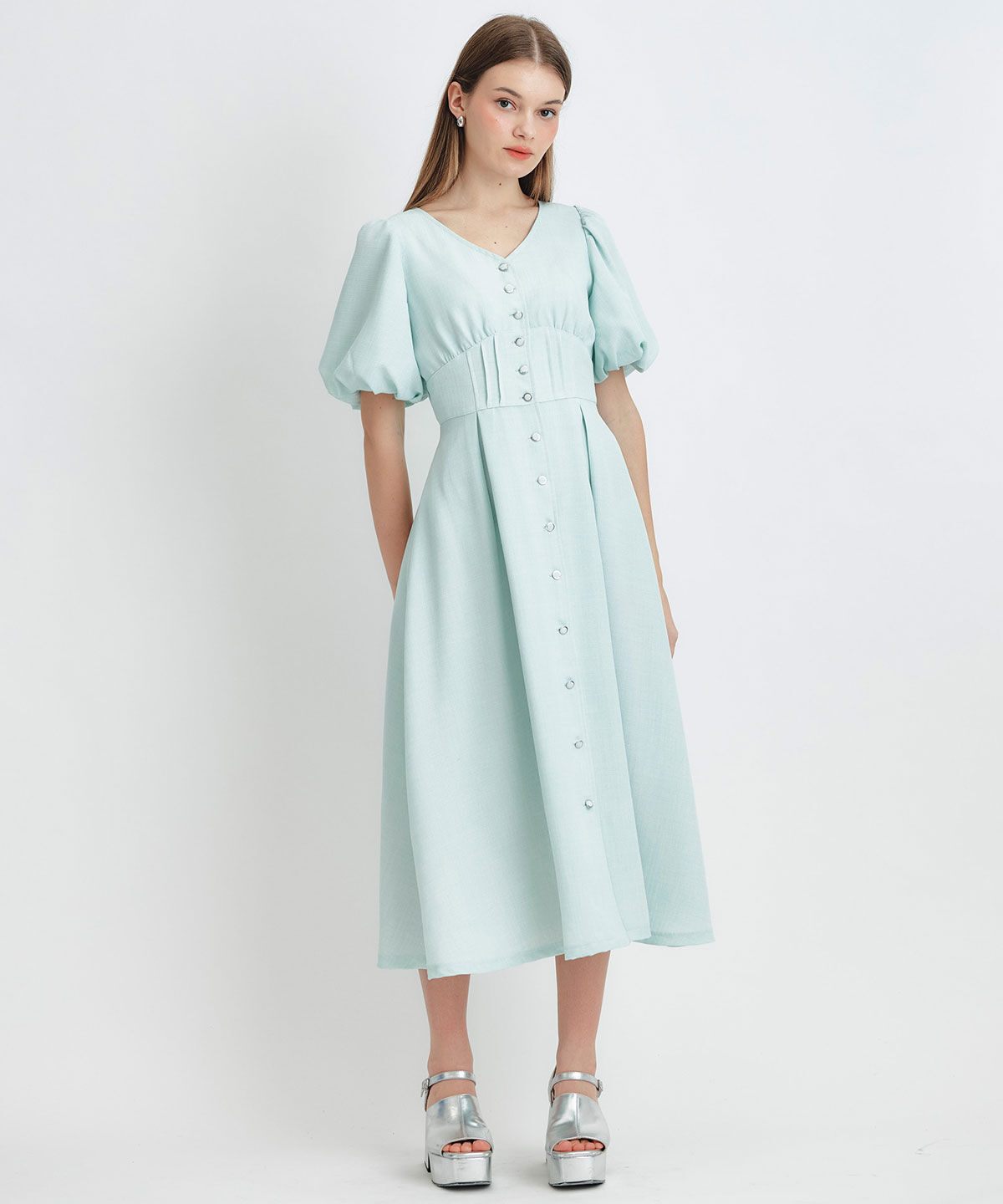 REDYAZEL「コルセットバルーンスリーブフレアロングワンピース」|ワンピース|ミント