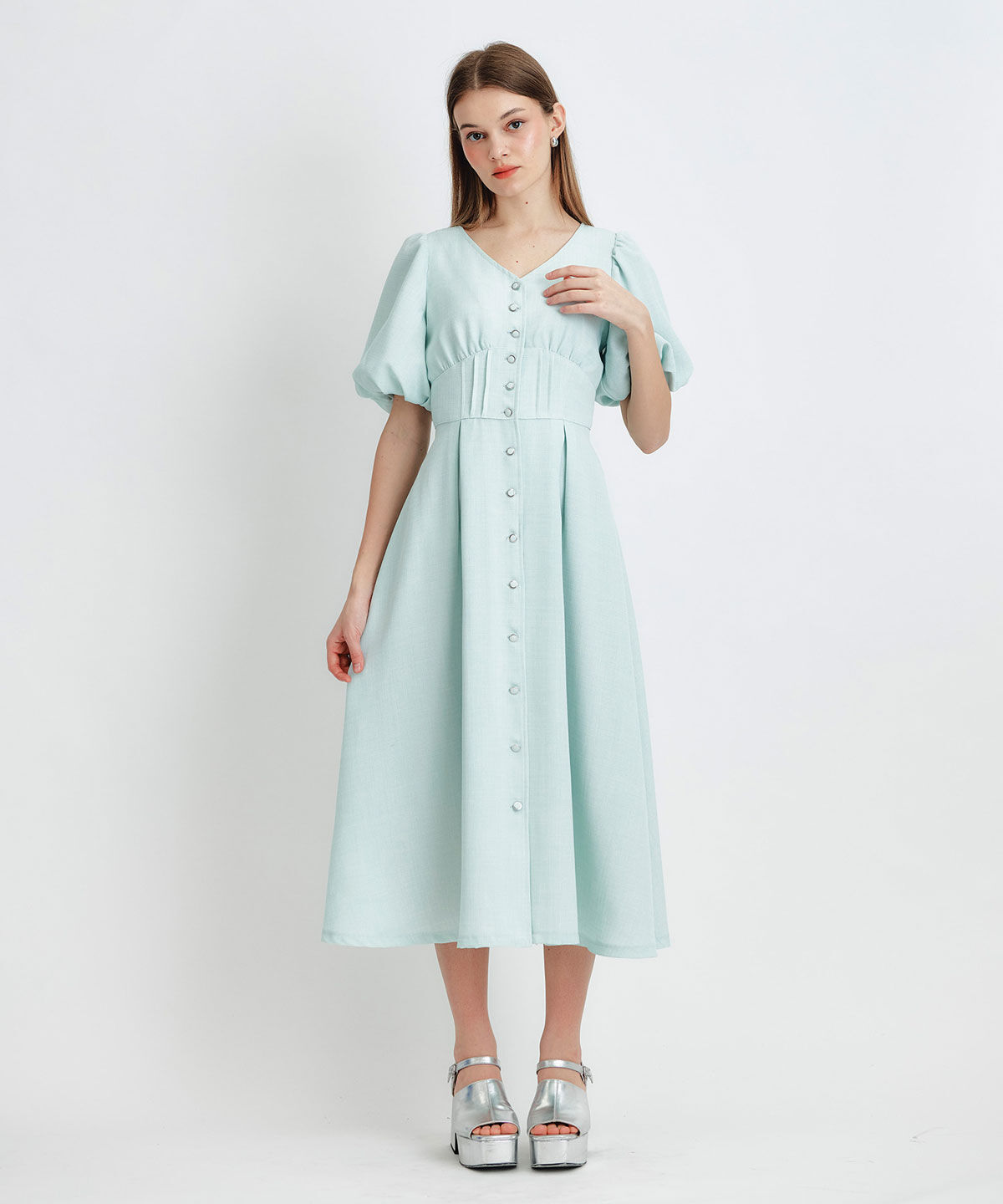 REDYAZEL「コルセットバルーンスリーブフレアロングワンピース」|ワンピース|