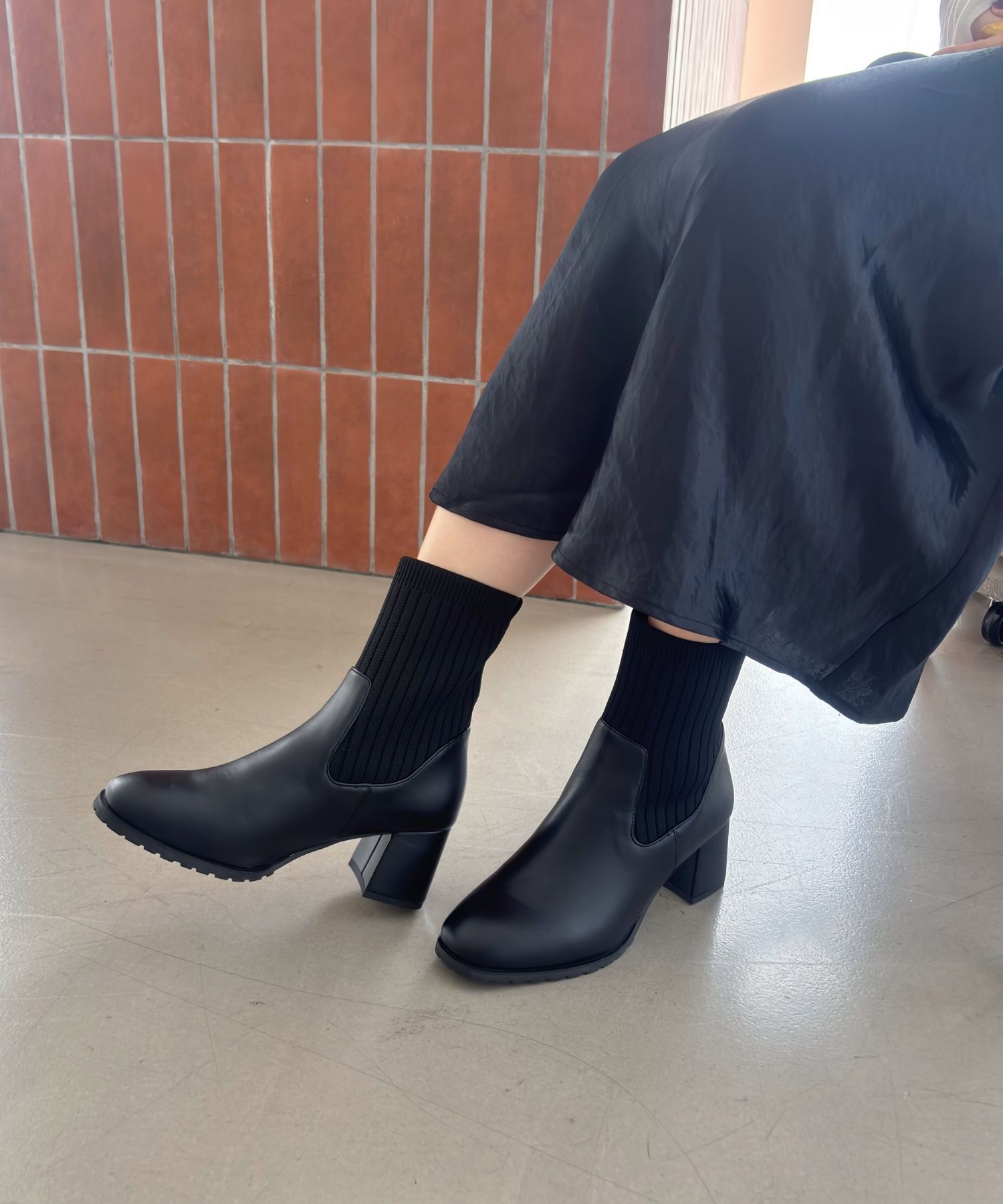 ORiental TRaffic「【 美脚 】スクエアトゥ ニット ヒール ブーツ /31403  足首柔らか ヒール6cm」|ショートブーツ|