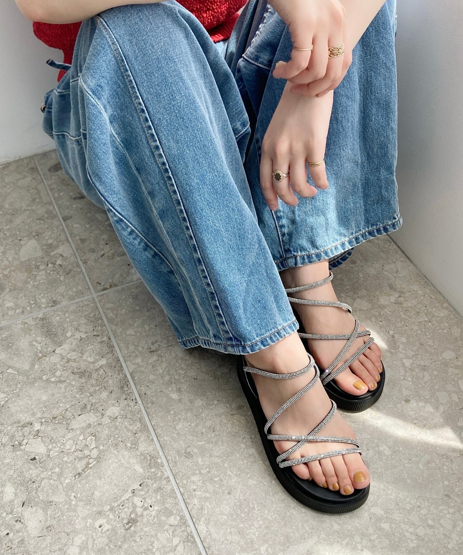 ORiental TRaffic「【追加】ラインストーンストラップサンダル/41217 サンダル 人気 トレンド 売れてる ラインストーン」|サンダル|