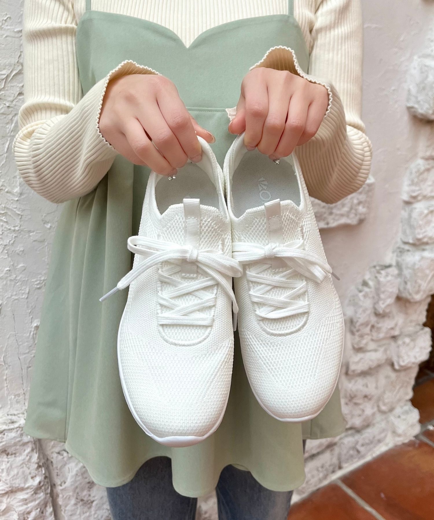 ORiental TRaffic「レースアップ ニット スニーカー /OT3765  トレンド　人気  軽い ワンタッチ」|スニーカー|WHITE