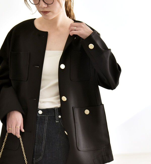 quaranciel「quaranciel:〈手洗い可能〉ジャージー ゴールドボタン クルーネック ジャケット」|ノーカラージャケット|