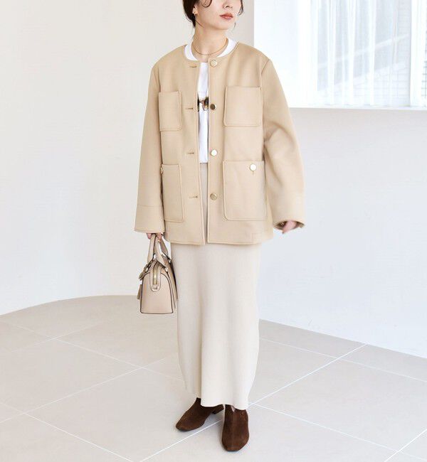 quaranciel「quaranciel:〈手洗い可能〉ジャージー ゴールドボタン クルーネック ジャケット」|ノーカラージャケット|