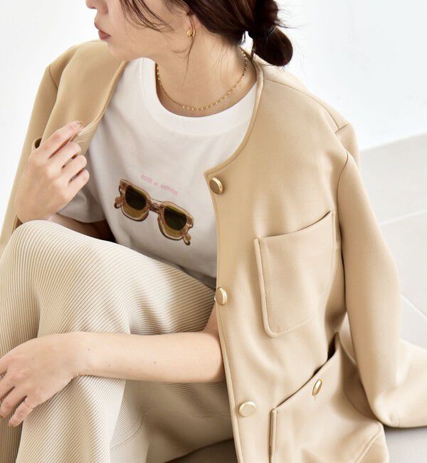 quaranciel「quaranciel:〈手洗い可能〉ジャージー ゴールドボタン クルーネック ジャケット」|ノーカラージャケット|