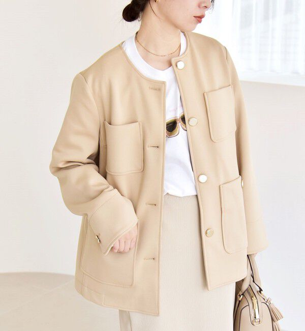 quaranciel「quaranciel:〈手洗い可能〉ジャージー ゴールドボタン クルーネック ジャケット」|ノーカラージャケット|