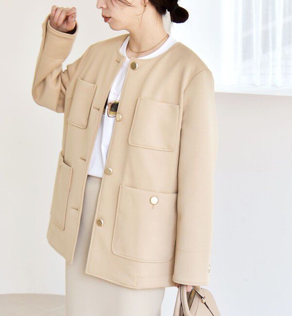 quaranciel「quaranciel:〈手洗い可能〉ジャージー ゴールドボタン クルーネック ジャケット」|ノーカラージャケット|