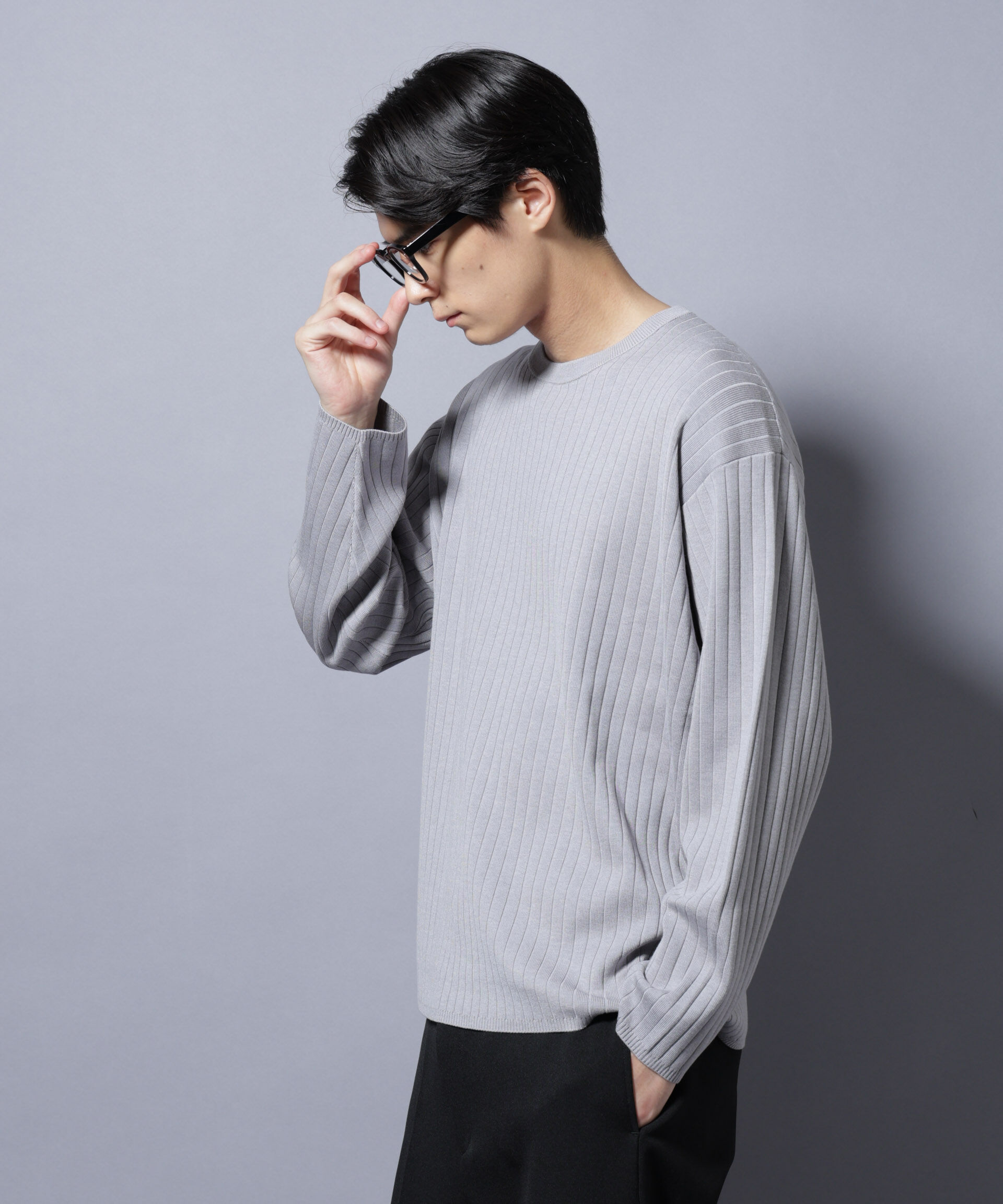 nano･universe「CICA&UVカット リブニットクルーネック」|ニット・セーター|グレー