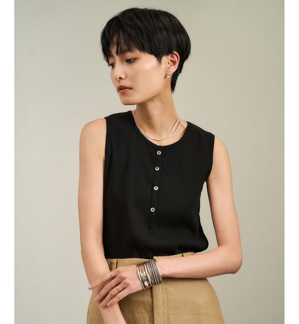 SALON adam et rope'「【WEB限定】プリマベールリブヘンリーネックノースリーブプルオーバー［UVケア・洗える］」|タンクトップ|ブラック(01)