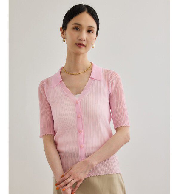 ROPE「【洗える】【WEB・一部店舗限定】シアーリブＶネックポロニット」|ニット・セーター|ピンク(63)