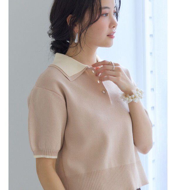 VIS「ダブルカラー半袖ポロニットトップス/イージーケア・WEB限定カラー」|ポロシャツ|ベージュ(27)