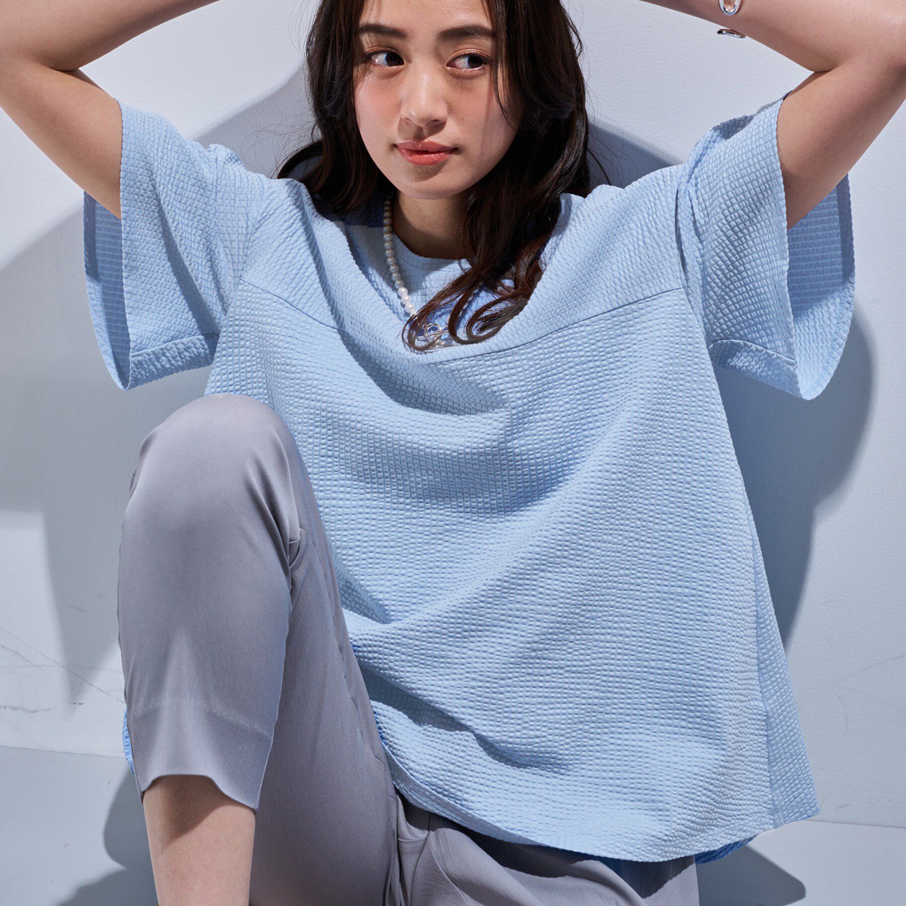 INDIVI「【洗える／体型カバー】凹凸素材フレアデザイントップス」|Tシャツ・カットソー|サックスブルー(09