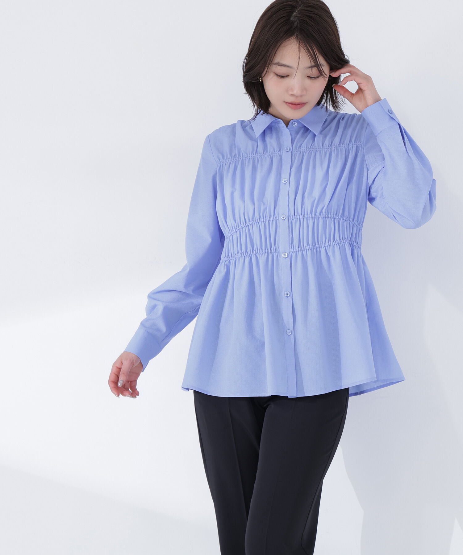  「シャーリングペプラムシャツ」|シャツ・ブラウス|ブルー