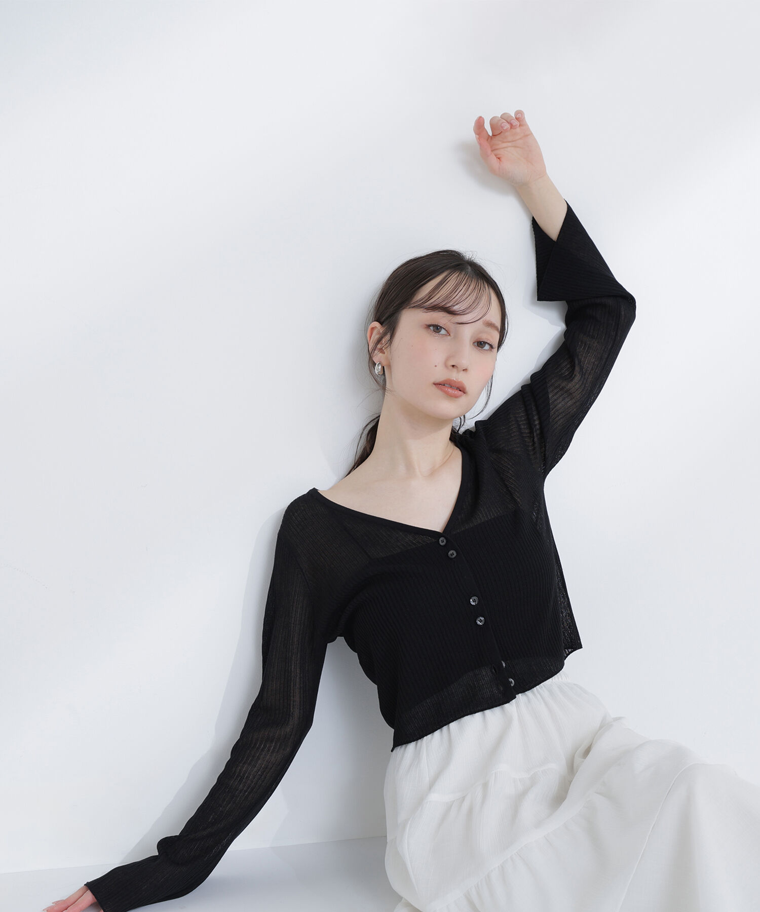  「シアーリブクロップドカーディガン」|ニット・セーター|ブラック